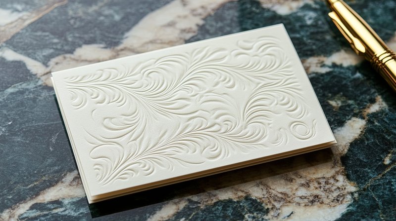 Tarjeta de presentación con realce en seco en diseño ornamental, impresa con técnica de relieve elegante.
