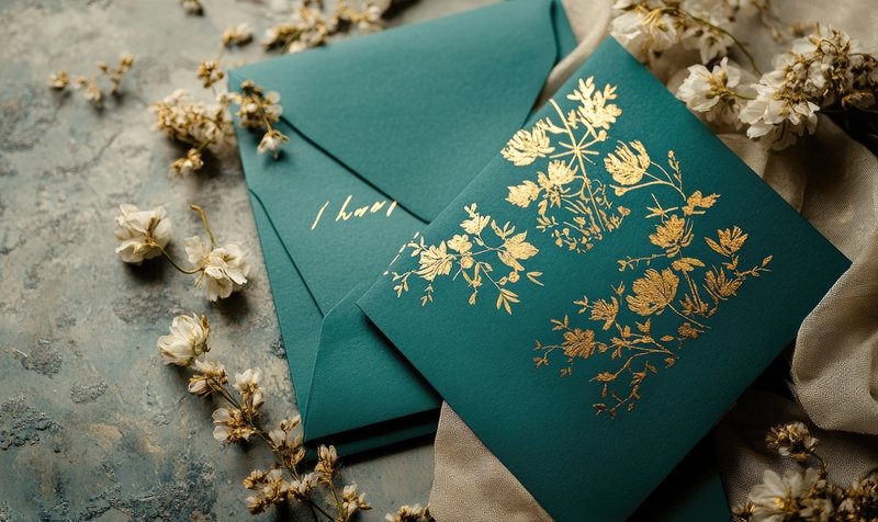 Sobre personalizado con realce y hot stamping dorado para invitaciones elegantes.