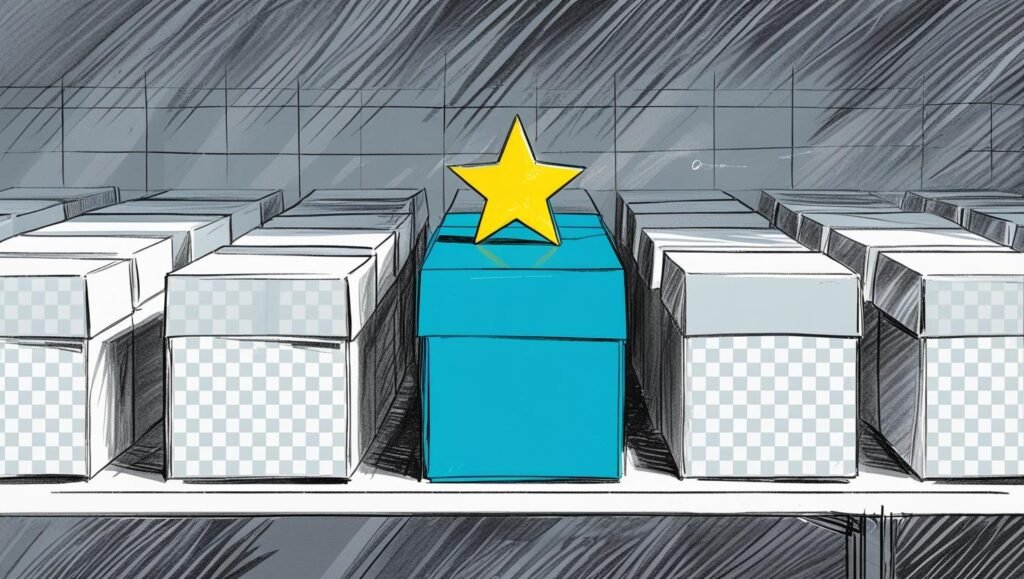 Ilustración de un empaque cosmético de color destacando entre cajas genéricas, simbolizando la diferenciación en el anaquel que se logra con un buen diseño.