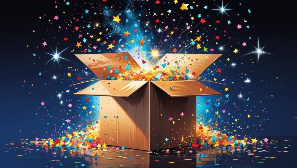 Ilustración de una caja de envío creando una experiencia de unboxing inolvidable para un producto cosmético, generando emoción y lealtad de marca.
